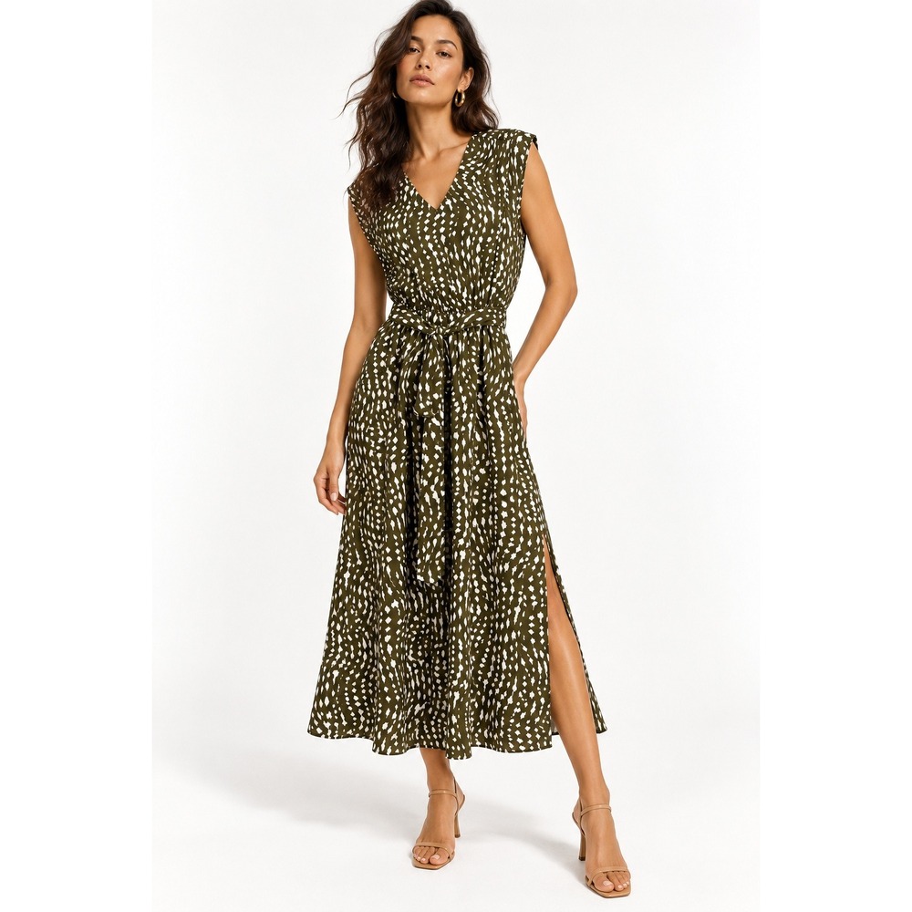 Nine Britton Mari V-Neck Dress Olive Abstract Dot Print Side Slit Small NWT